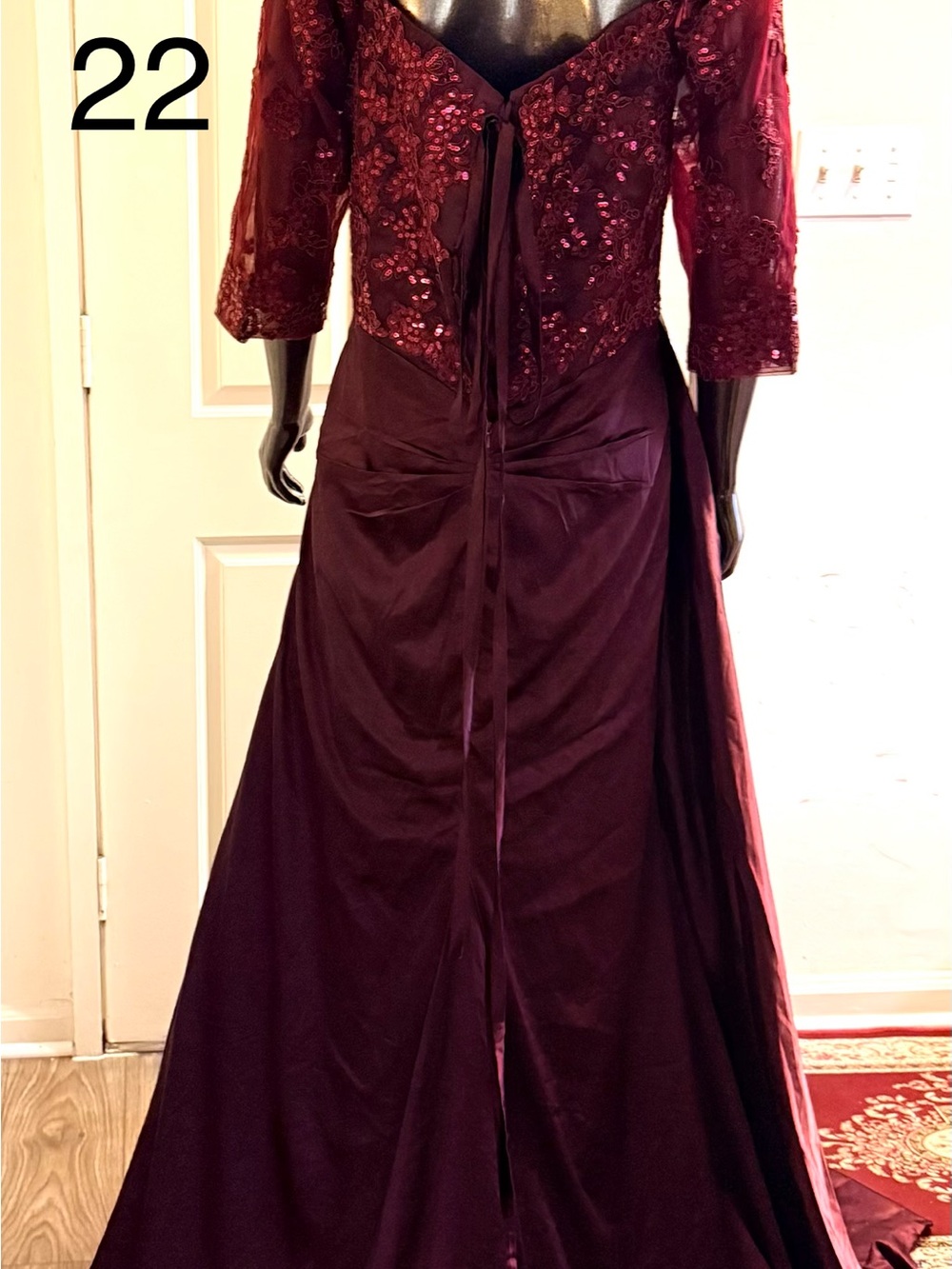 Burgundy Long-Sleeve Evening Gown with Embellished Bodice